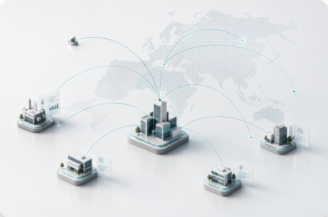 Mapa con conexiones entre ciudades y edificios de empresas